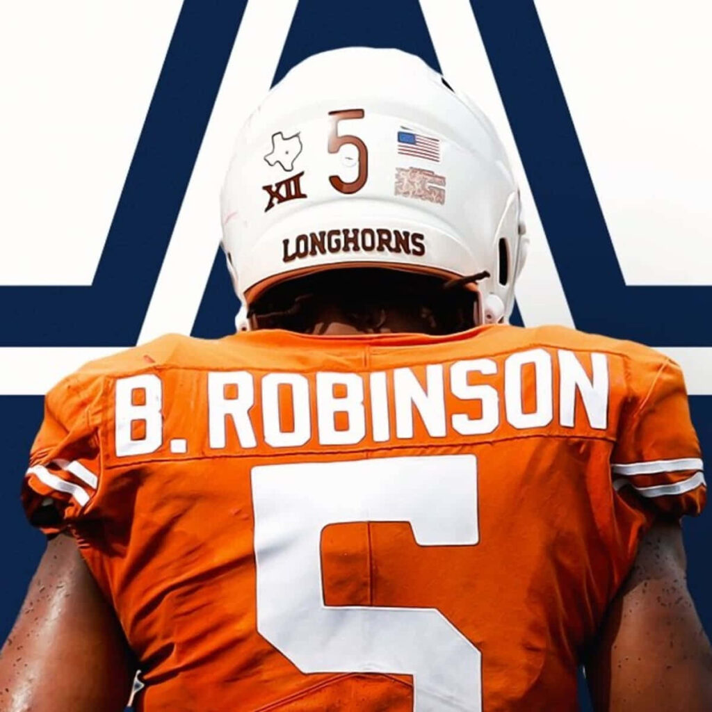 Bijan Robinson Texas Longhorns football jersey number 5 back view bold graphic wallpaper background