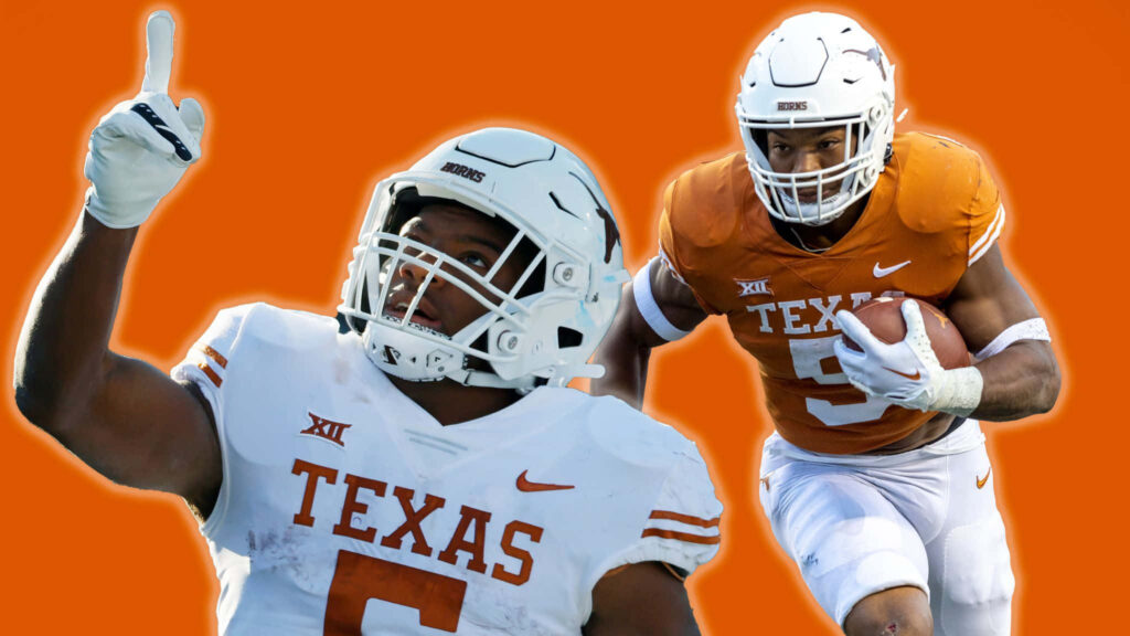 Bijan Robinson running back Texas Longhorns dynamic wallpaper orange background football action