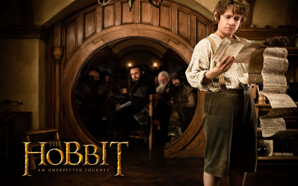 Cozy Hobbit Wallpaper: Bilbo Baggins with Dwarves in His Home