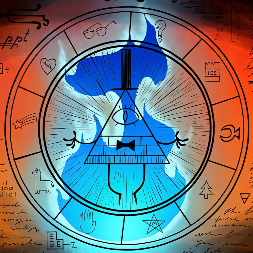 Bill Cipher glowing triangular figure with single eye bowtie surrounded by mystical symbol flames Wallpaper