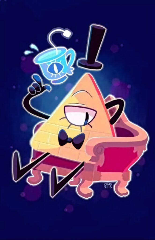 Bill Cipher from Gravity Falls lounges on red armchair levitating blue cup cosmic wallpaper background