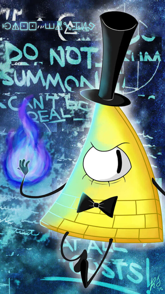 Bill Cipher from Gravity Falls glowing blue flame cosmic background wallpaper with cryptic writing