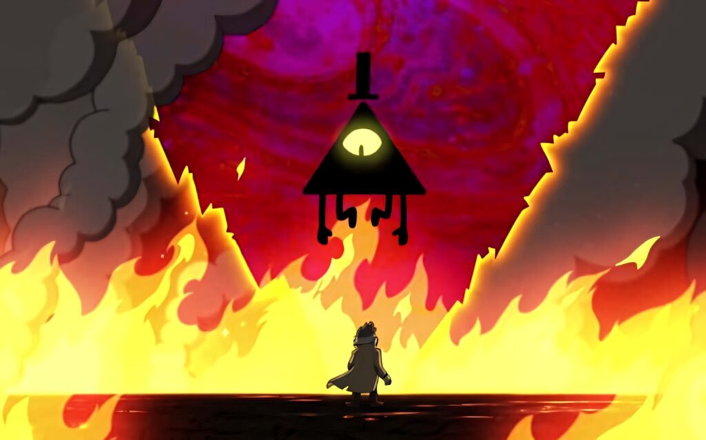 Bill Cipher Gravity Falls wallpaper with triangular villain over red skies and blazing flames