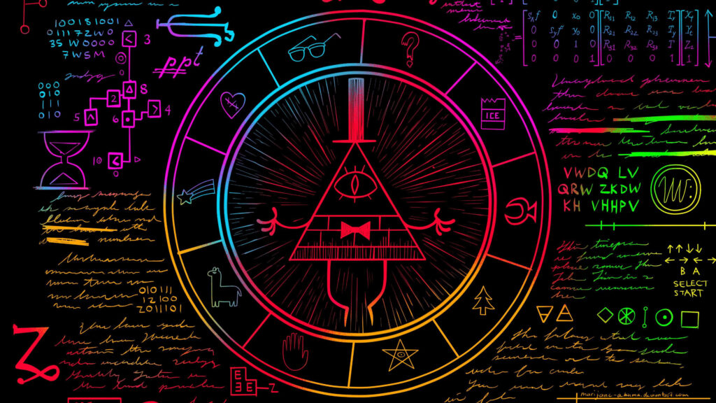 Bill Cipher from Gravity Falls centered on mystical zodiac wheel with cryptic symbols wallpaper