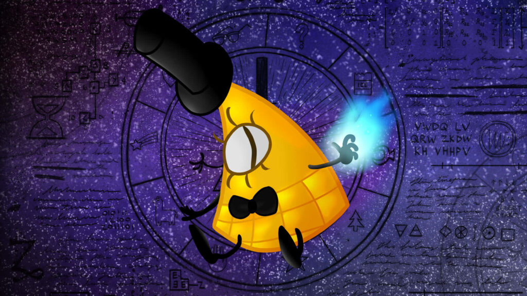 Bill Cipher wallpaper Gravity Falls glowing blue flame cosmic background cryptic symbols