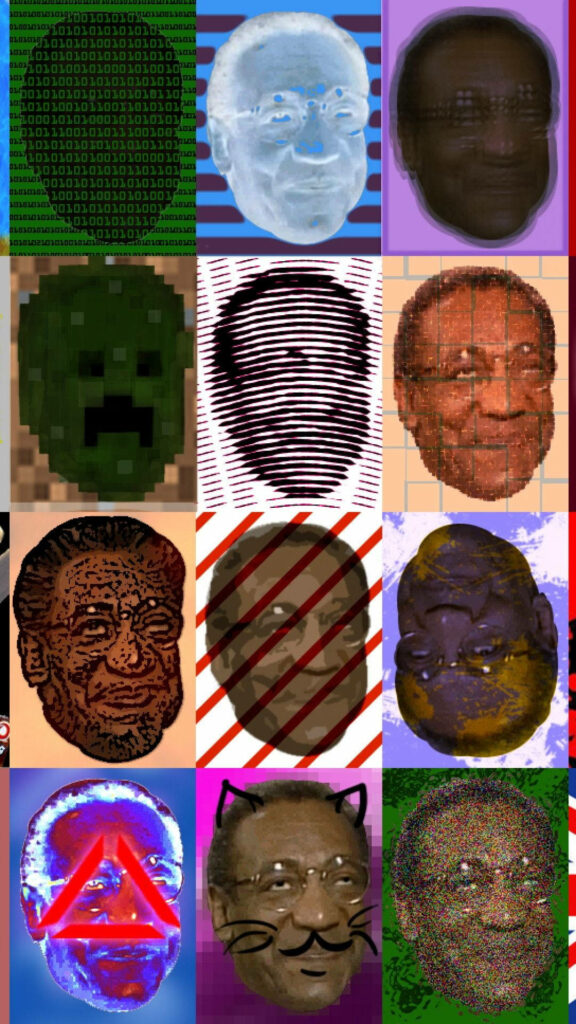 Abstract colorful Bill Cosby collage wallpaper with artistic digital face renditions background