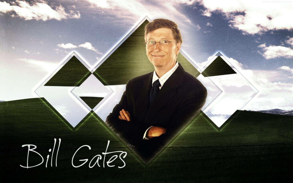 Bill Gates confident pose green creative poster scenic landscape geometric accents wallpaper