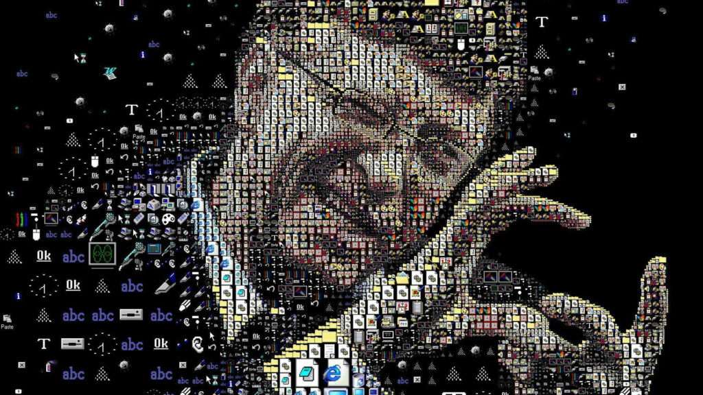 Pixelated Bill Gates portrait made of classic computer and software icons tech wallpaper background