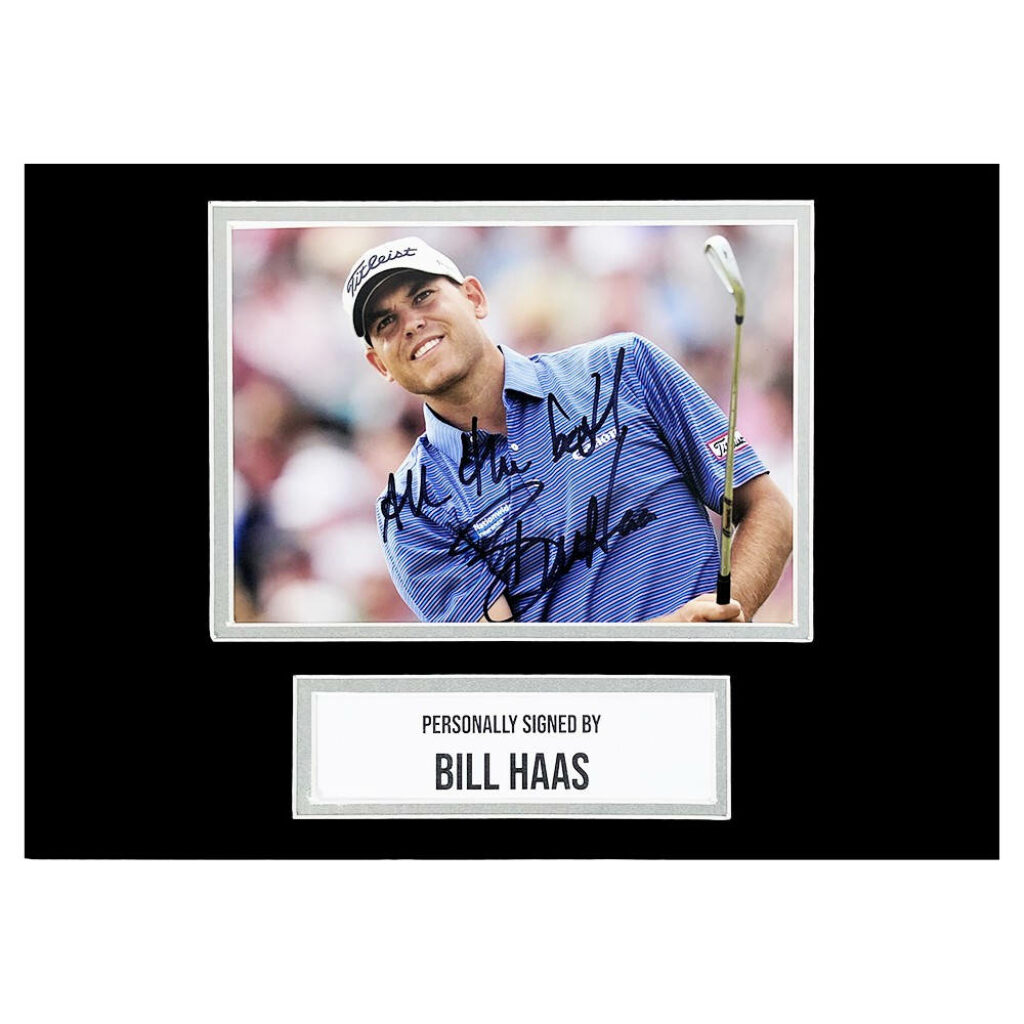 Autographed photo of golf pro Bill Haas smiling on course vibrant wallpaper background