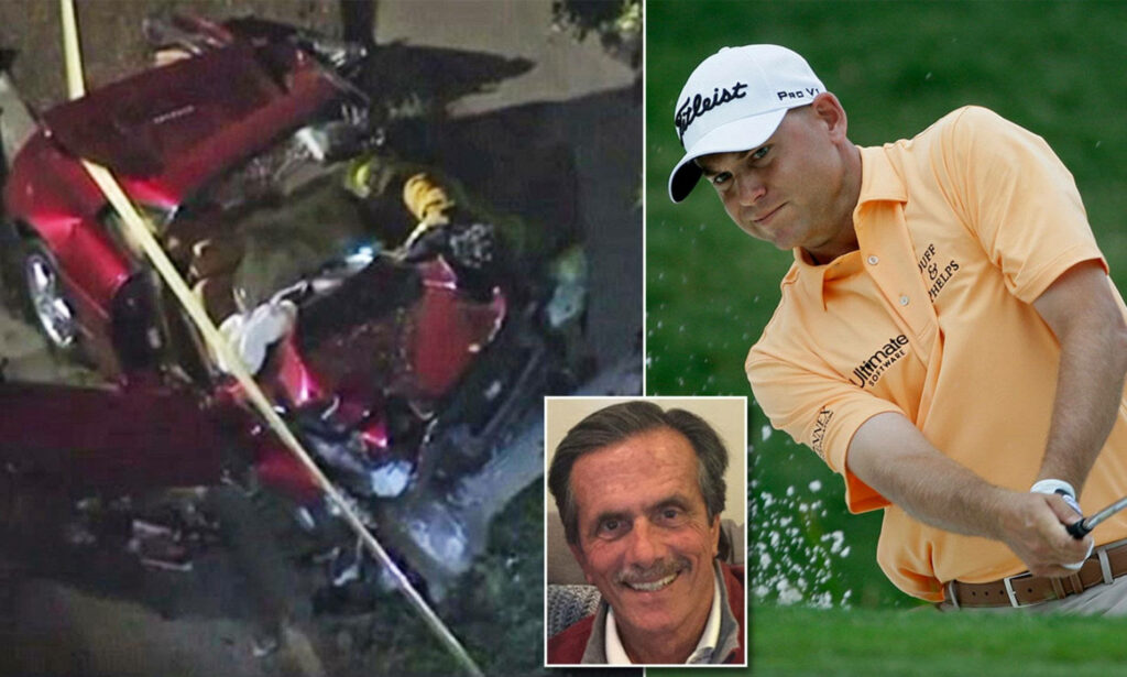 Wallpaper showing Bill Haas car accident aftermath damaged vehicle golf action portrait background