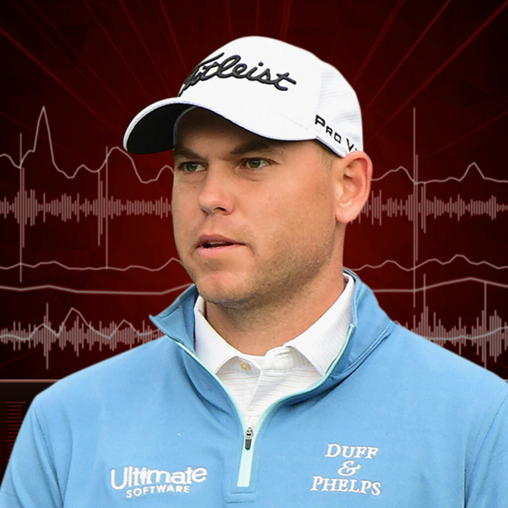 Bill Haas in golf attire with cap on red sound wave graphic background wallpaper