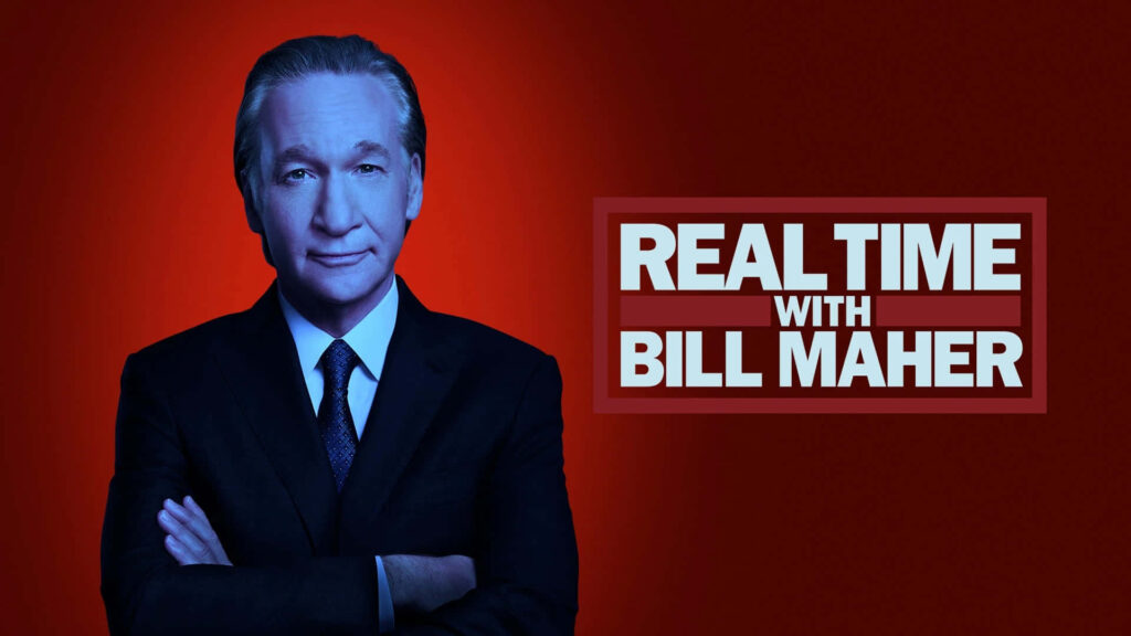 Bill Maher in suit with crossed arms red background Real Time with Bill Maher logo wallpaper