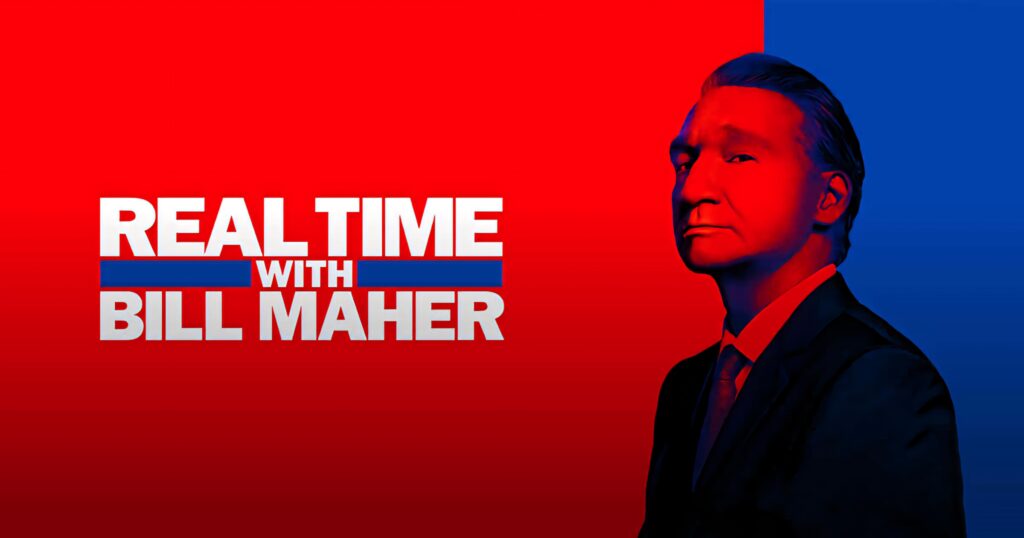 Bill Maher vibrant wallpaper with red and blue background capturing Real Time energy