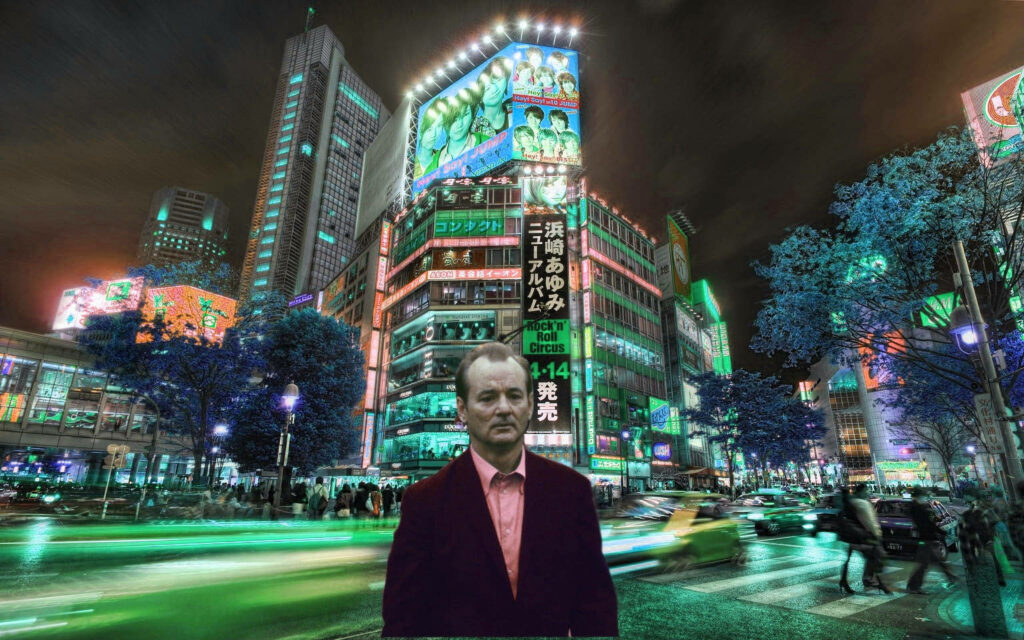 Bill Murray in neon-lit Tokyo cityscape at night inspired by Lost In Translation wallpaper