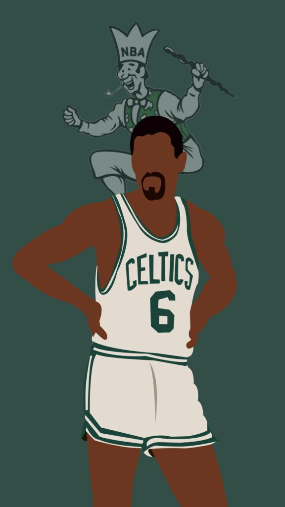 Bill Russell Boston Celtics artwork number 6 jersey green background with classic Celtics mascot Wallpaper