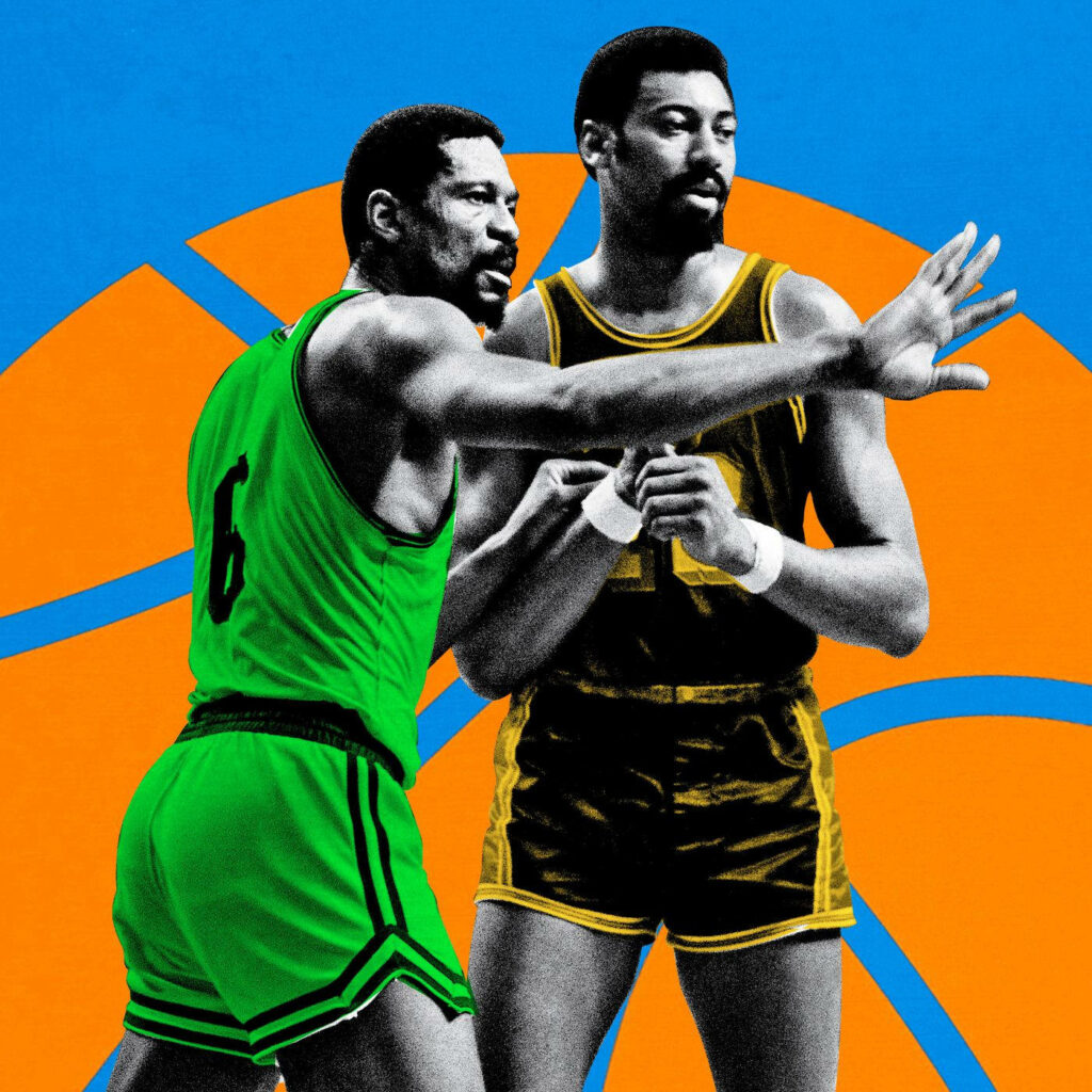 Dynamic NBA wallpaper featuring Bill Russell Celtics green and Wilt Chamberlain vintage style art