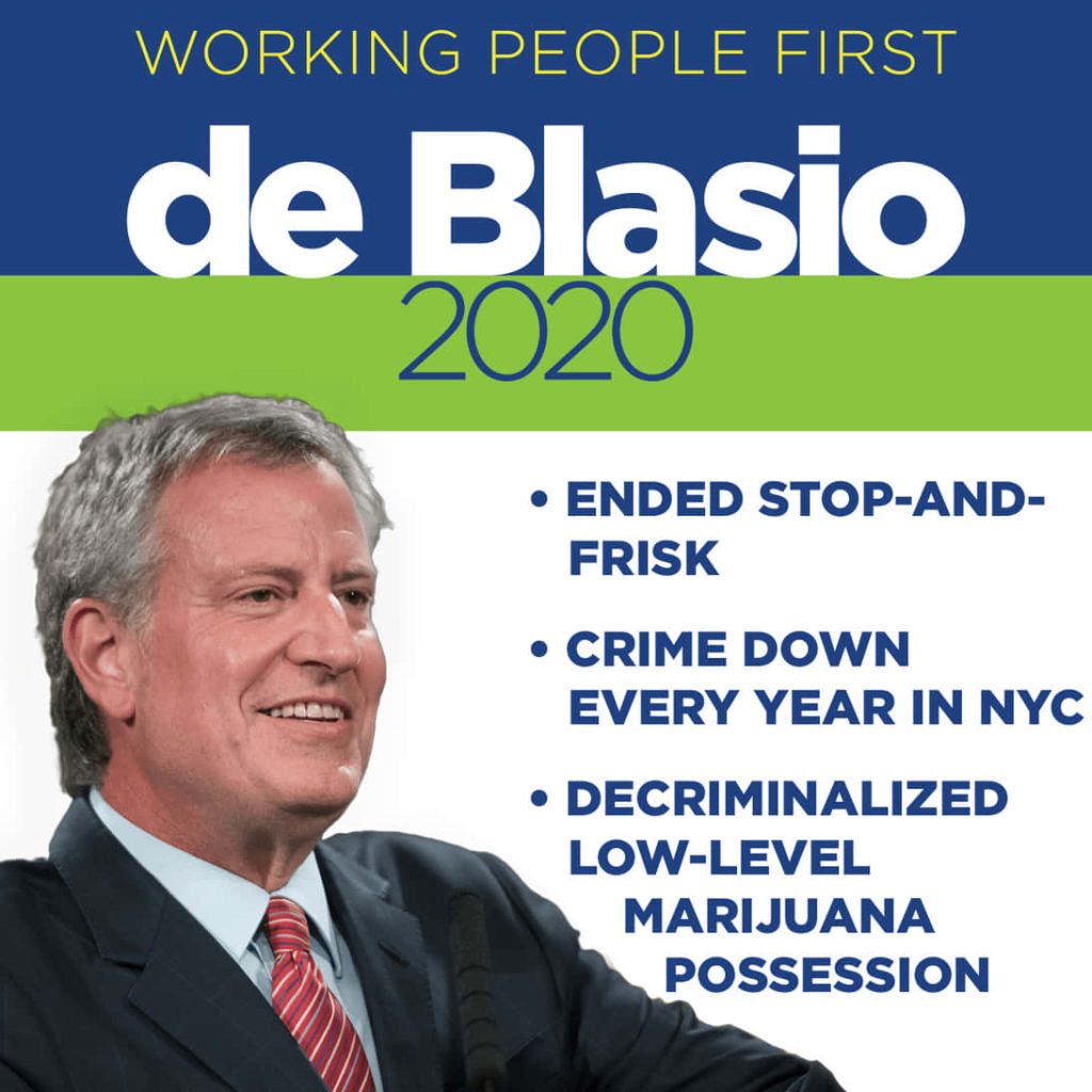 Bill de Blasio 2020 campaign poster with policy highlights and Working People First slogan Wallpaper