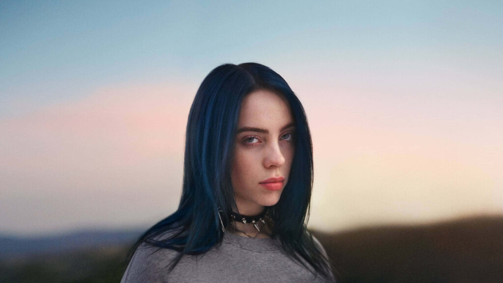 Billie Eilish Serene Wallpaper: Captivating Expression & Gradient Style