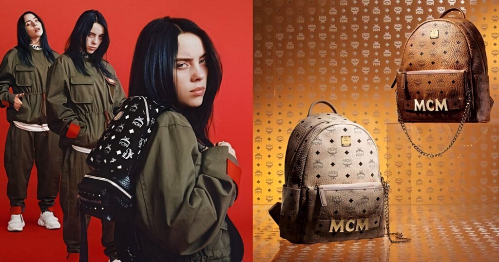 Billie Eilish Edgy Fashion Wallpaper with MCM Backpack Background