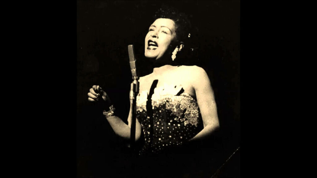 Billie Holiday singing jazz under spotlight with vintage microphone on wallpaper background