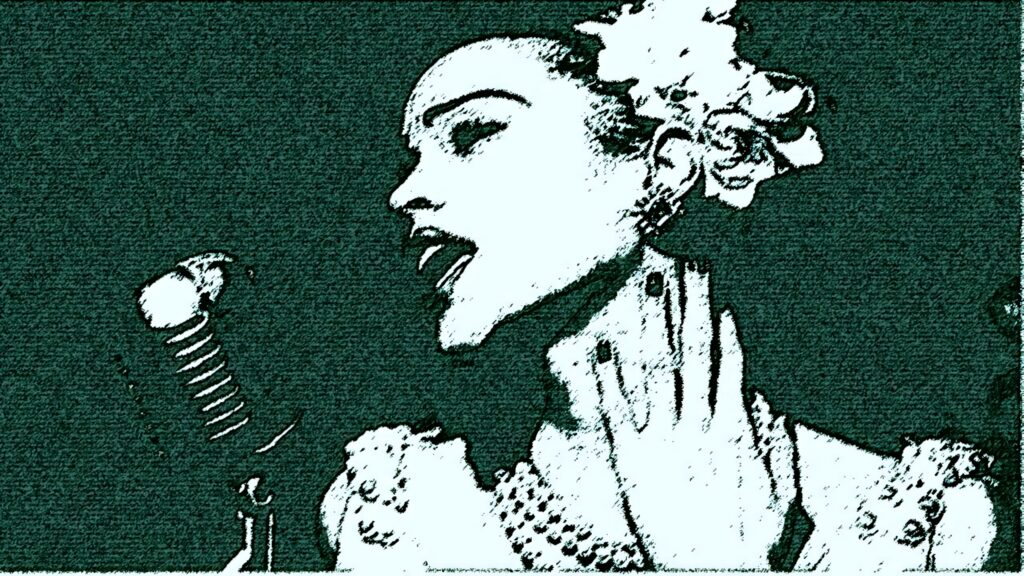Billie Holiday vintage wallpaper mid-performance textured filter dark background soulful singing