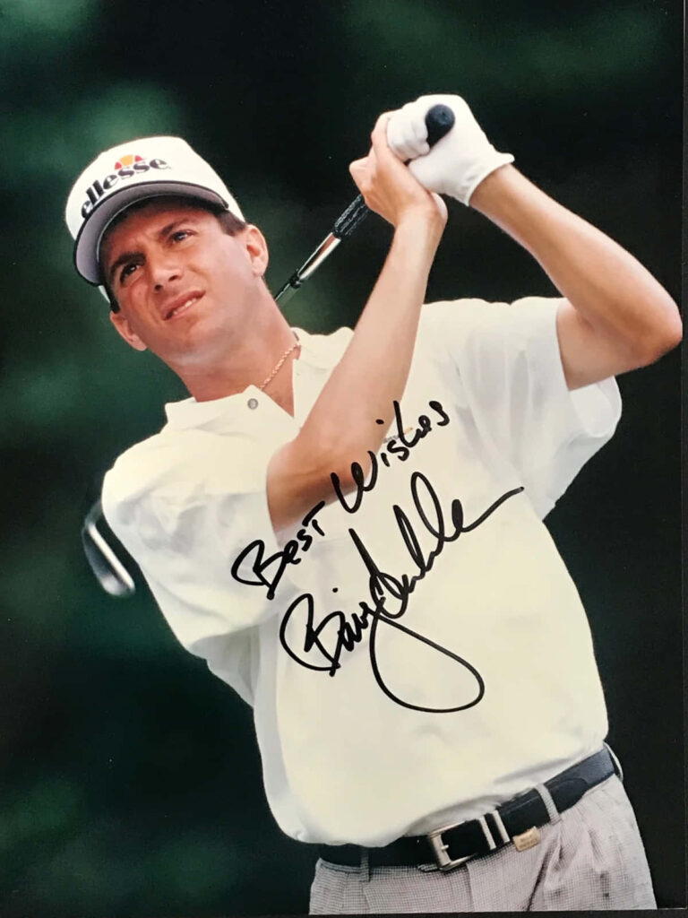 Billy Andrade mid-swing golf wallpaper with autograph and Best Wishes message background