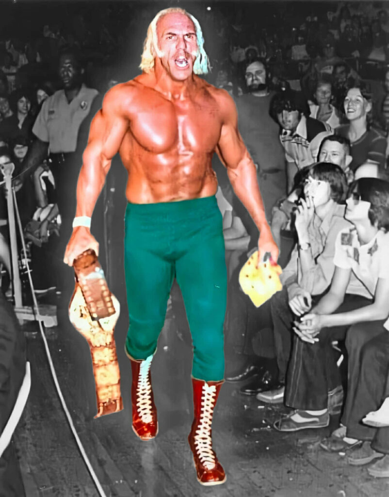 Billy Graham wrestler full body with championship belt in front of cheering crowd wallpaper background