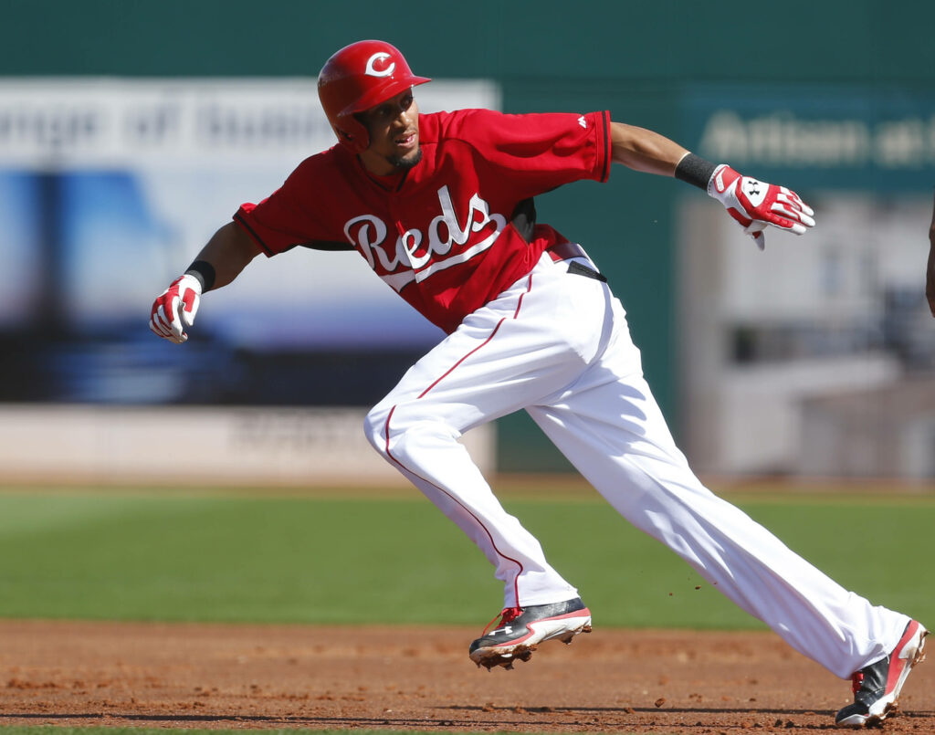 Billy Hamilton Cincinnati Reds in red white uniform sprinting during baseball game action shot Wallpaper