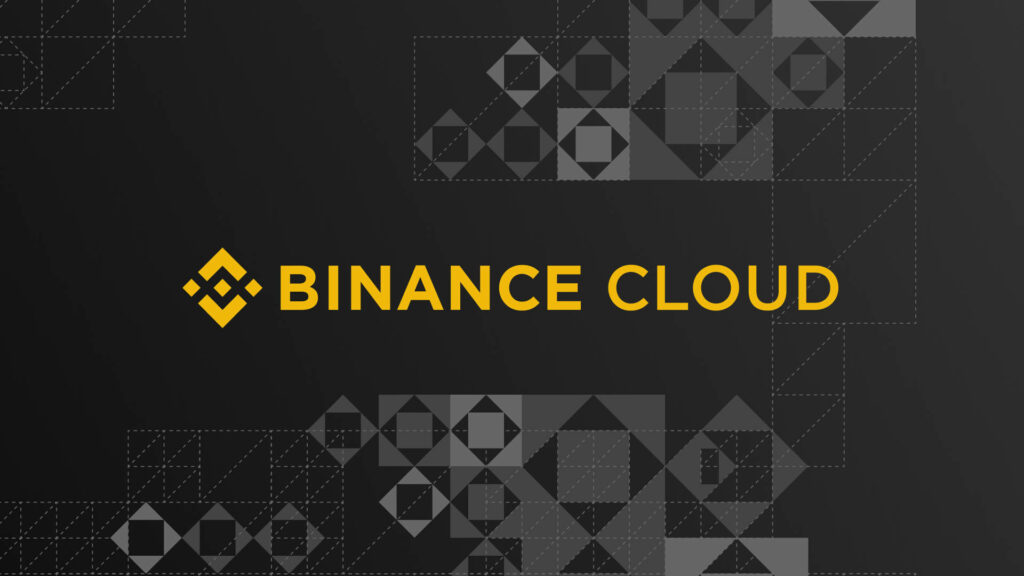 Binance Cloud logo in bold yellow with geometric grayscale cloud patterns on dark background Wallpaper