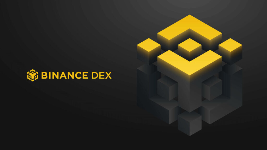 Binance DEX logo glowing yellow cube on dark gradient background modern digital wallpaper