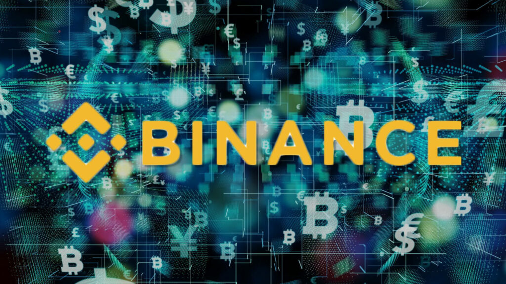 Binance logo in bold yellow on a vibrant futuristic digital currency and crypto wallpaper background