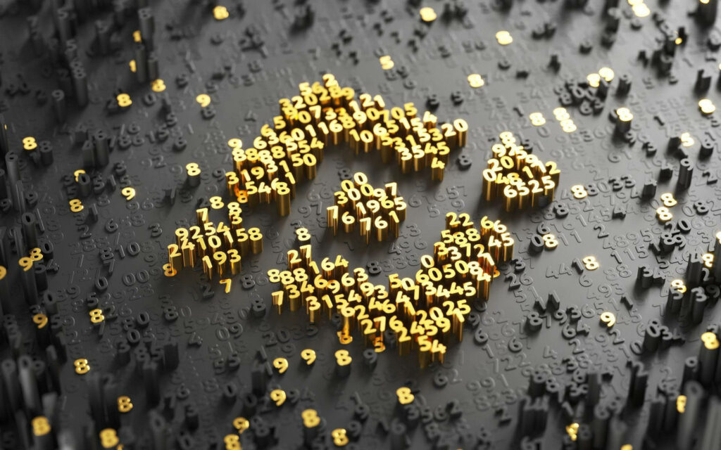 Binance logo made of golden digits on dark numeric background cryptocurrency digital finance wallpaper