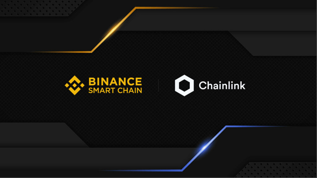Binance Smart Chain and Chainlink logos on futuristic black background with yellow blue accents wallpaper
