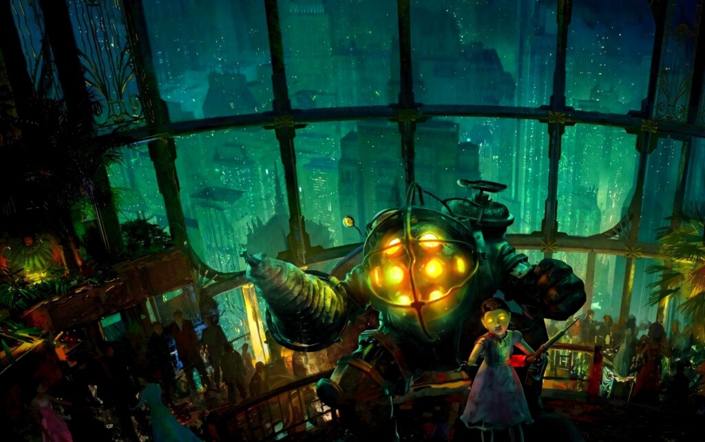 BioShock wallpaper Big Daddy and Little Sister on balcony overlooking glowing underwater Rapture city