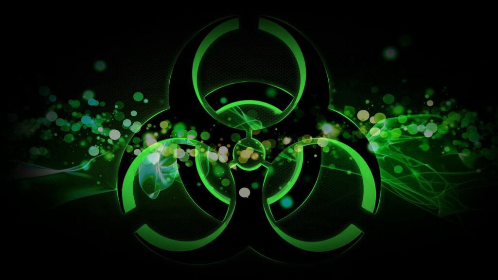 Biohazard Symbol Wallpaper: Dark Background with Vibrant Green Waves