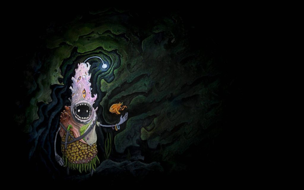 Bioluminescent deep sea monster with pink multi-eyed head holding orange creature ocean wallpaper
