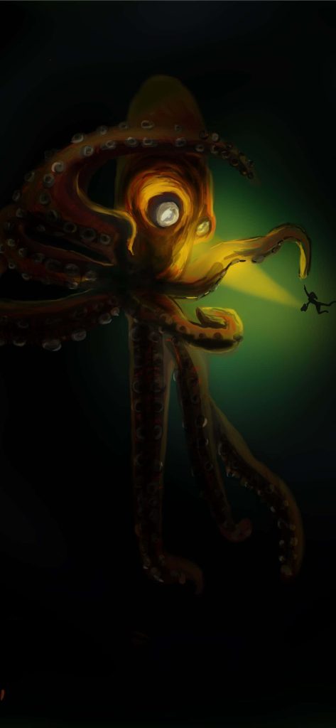 Massive bioluminescent octopus looms over diver in dark green ocean deep sea artwork wallpaper