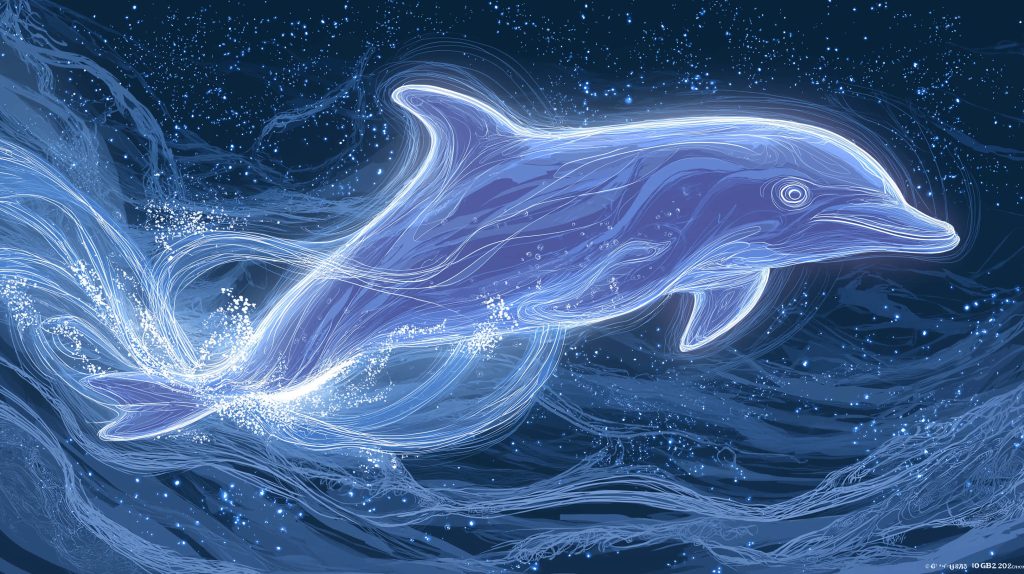 Bioluminescent dolphin leaping in cosmic ocean with glowing blue stars serene underwater wallpaper