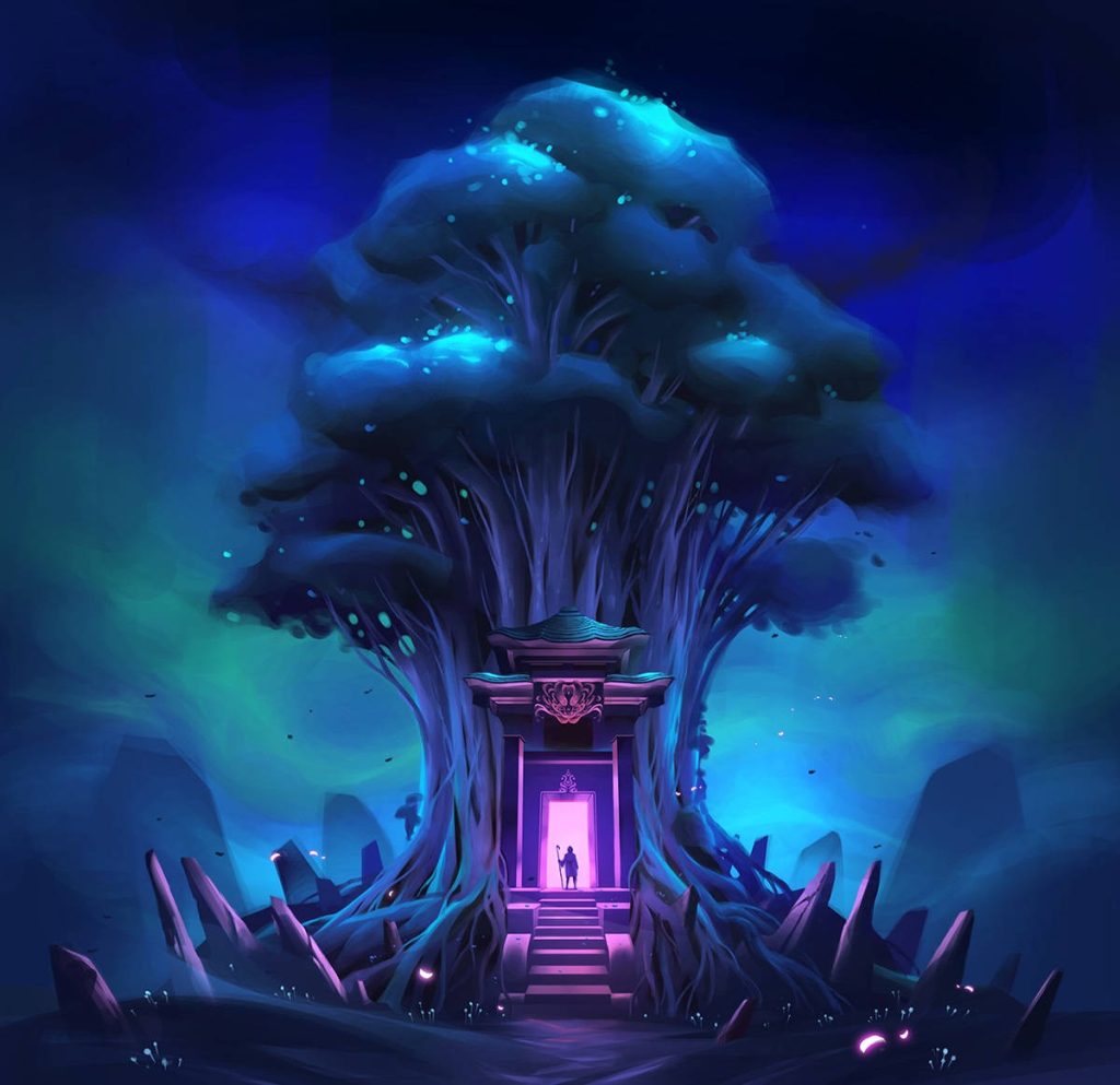 Bioluminescent tree with glowing East Asian shrine gate and lone figure in magenta light fantasy wallpaper