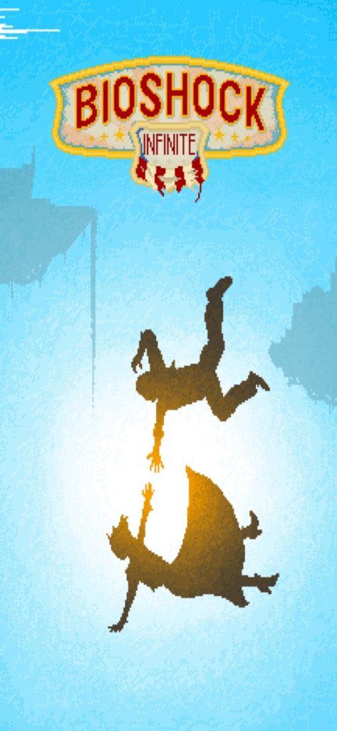 Pixel art Bioshock Infinite wallpaper with Booker and Elizabeth falling against a blue sky