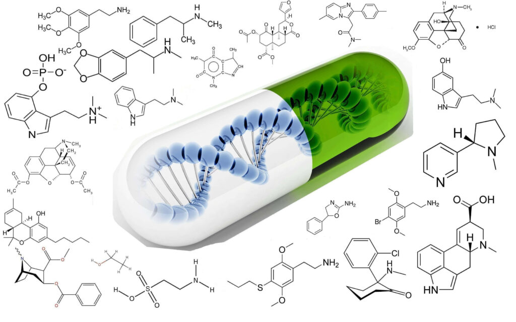 Capsule with DNA helix inside surrounded by chemical structures representing biotech medicine background Wallpaper