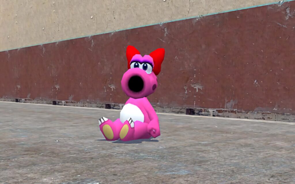 Birdo from classic game series sitting on concrete with textured wall vibrant pink and red bow Wallpaper
