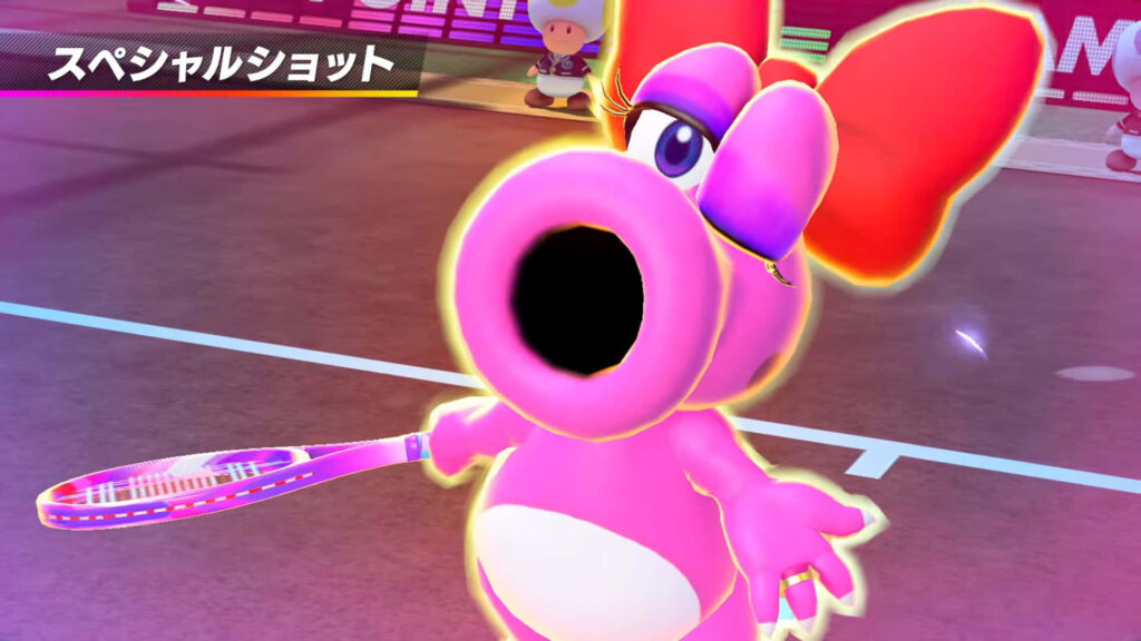 Birdo character in glowing dynamic pose on tennis court vibrant Mario series sports wallpaper background