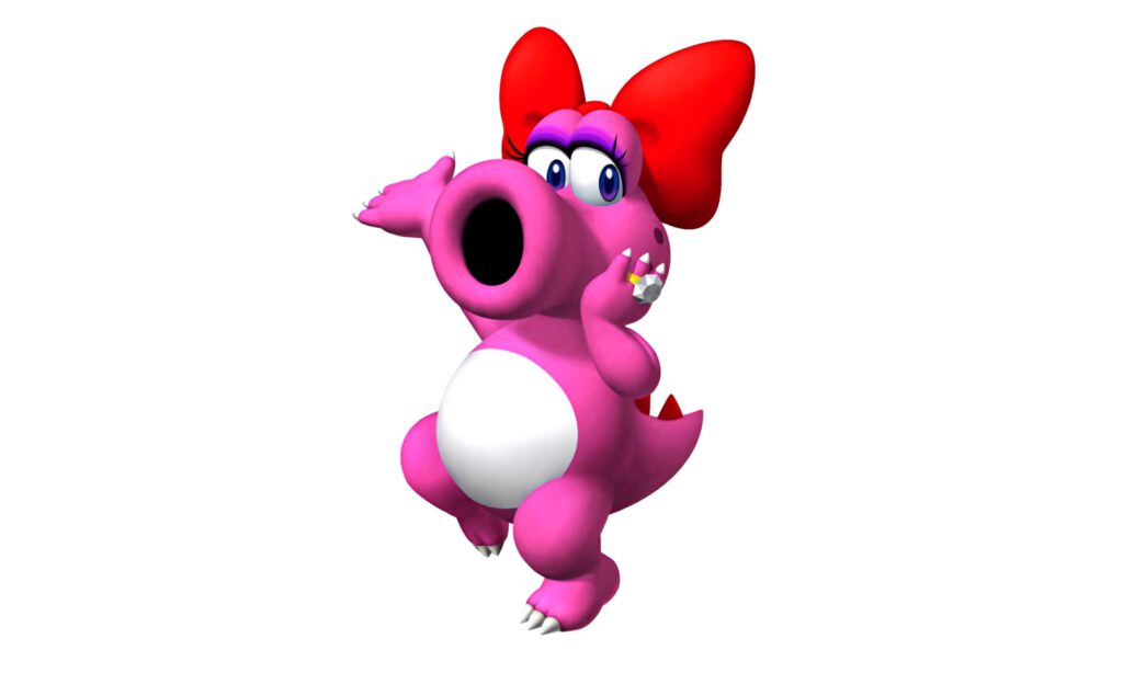 Birdo from Mario series in playful pose colorful character on clean white wallpaper background