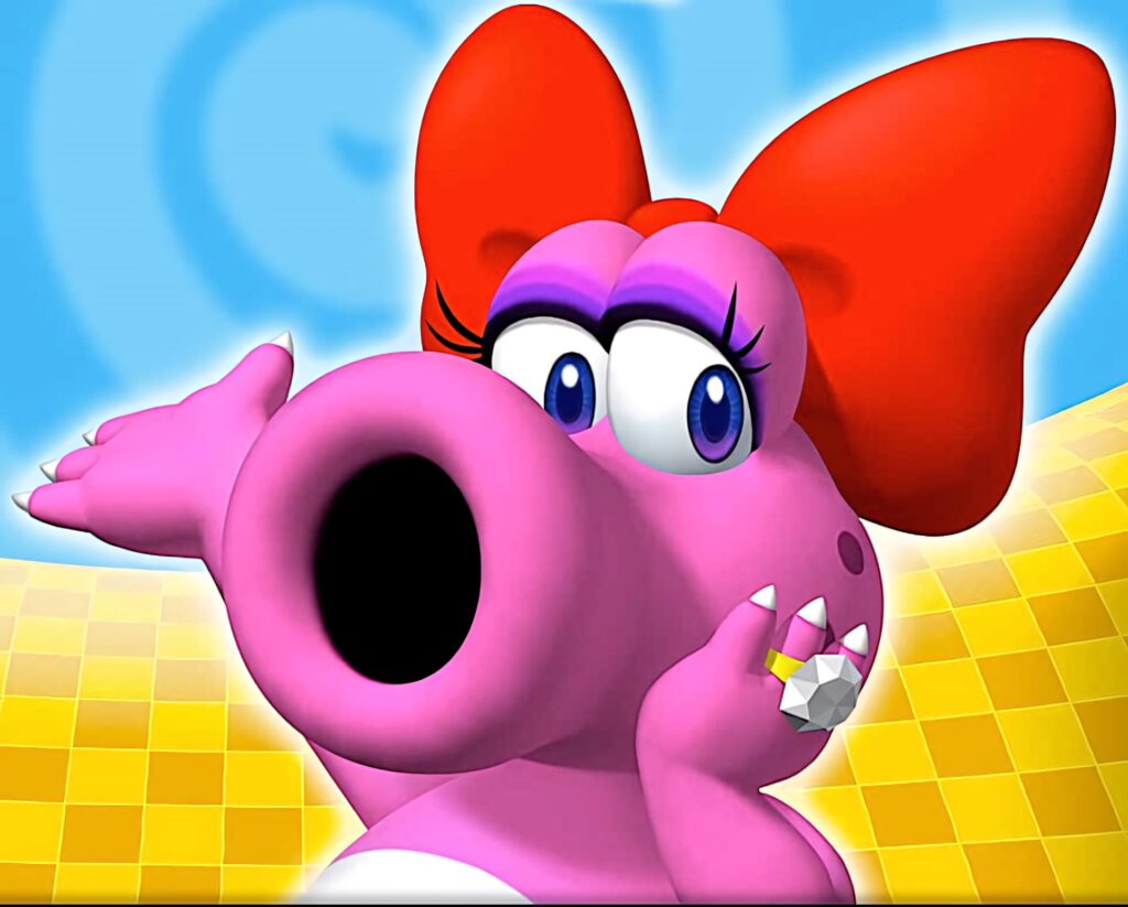 Birdo Mario character posing playfully on colorful cheerful wallpaper background design