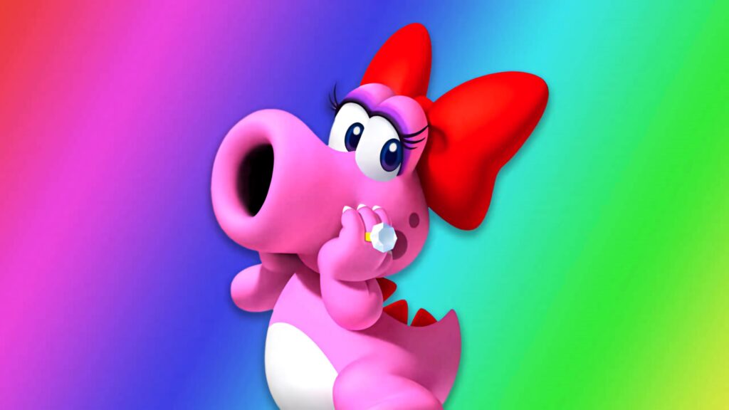 Birdo Nintendo character in playful pose with vibrant rainbow colorful wallpaper background
