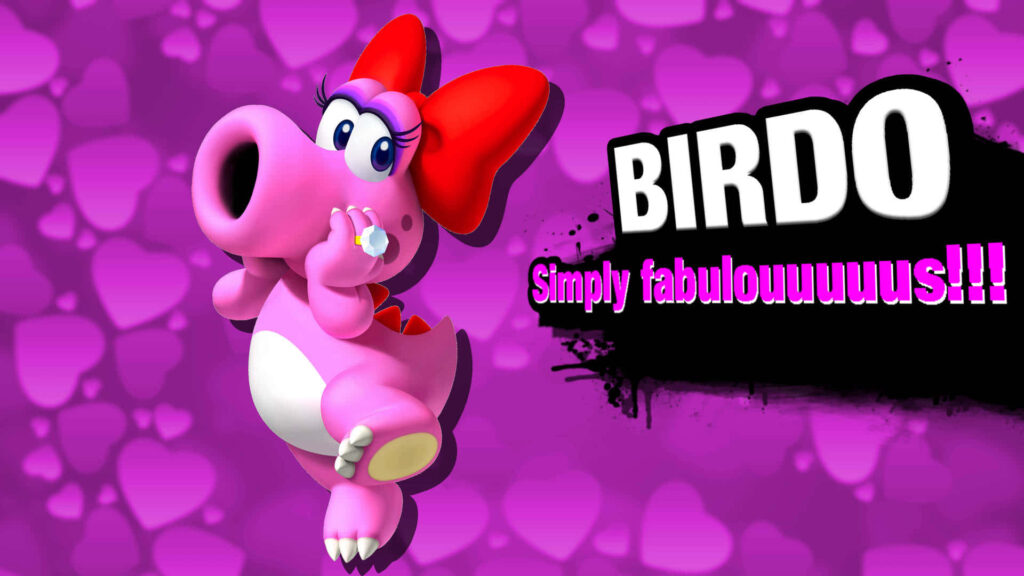 Birdo playful pose vibrant heart-patterned gaming wallpaper background confident personality