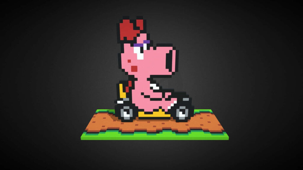 Birdo playfully posing in retro pixel art style with vibrant nostalgic gaming wallpaper background