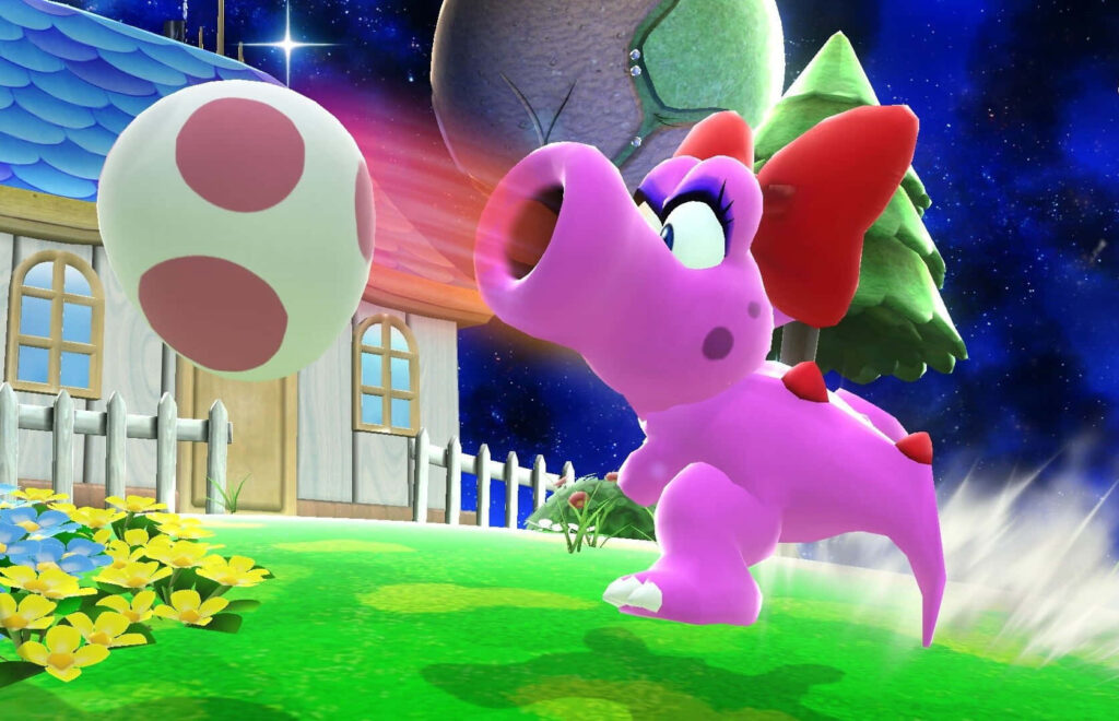 Birdo from Super Mario shoots an egg in a vibrant cosmic wallpaper background colorful scene