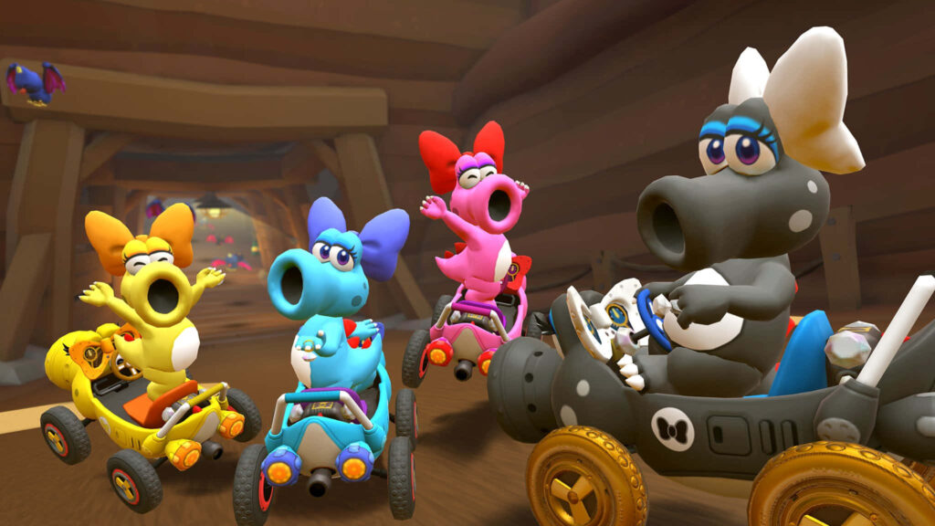 Birdo and friends racing go-karts in vibrant colorful world playful poses wallpaper background